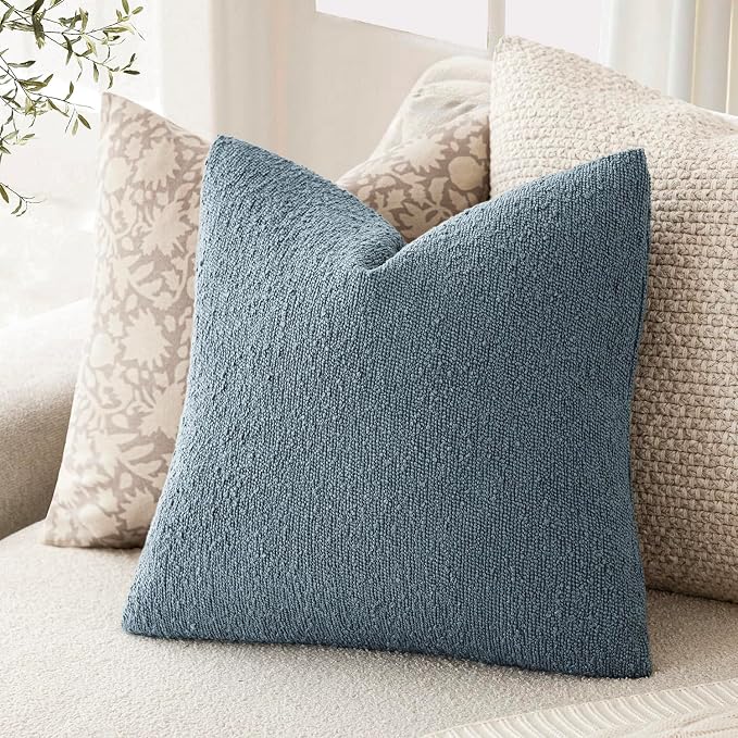 Foindtower Set of 2, Decorative Textured Boucle Throw Pillow Covers Accent Solid Pillow Cases Neutral Cozy Couch Cushion Case for Chair Sofa Bedroom Living Room Home Decor 26x26 Inch Misty Blue