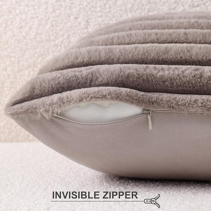 Pallene Faux Fur Plush Throw Pillow Covers 18x18 Set of 2, Luxury Soft Fluffy Striped Decorative Pillow Covers for Sofa, Couch, Living Room, Light Coffee