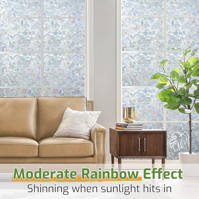 LUTE Window Privacy Film, Rainbow Window Flim, 3D Decorative Stained Glass Cling, Non-Adhesive Vinyl Static Cling UV Blocking Heat Control One Way Glass Covering for Home, Silver, 23.6 x 78.7 inches