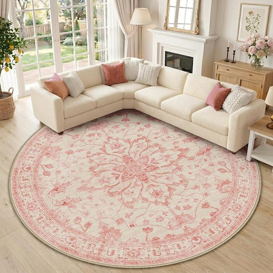 RELEANY Area Rugs Round 10ft Washable Non-Slip, Floral Vintage Distress Medallion Carpet for Living Room Bedroom Dining Room, Pink Light Vintage Pink