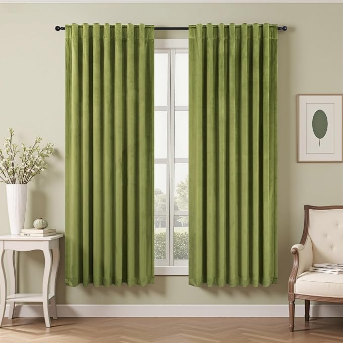 Moss Green Velvet Curtains 72 Inch Length for Dining Room 2 Panels Back Tab Rod Pocket Super Soft Thick Room Darkening Curtain for Kids Nursery Girls Bedroom Victorian Lime Green Sage Olive 52x72 Long
