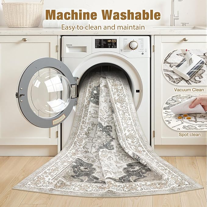 cotiled 8x10 Area Rug Machine Washable Vintage Carpet for Living Room Bedroom Soft Non-Slip Backing Floor Mat Kid & Pet Friendly Stain Resistant Light Brown