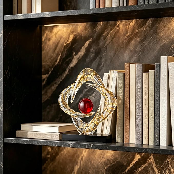 AWNR Gold Abstract Sculpture House Decor Aesthetic - Home Décor Accents for Nightstand, Shelves, Dining Room, Entryway Table, Office, Desk Accessories (Transparent Gold foil with red Ball C)