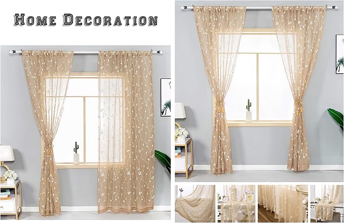 AmHoo 2 Panels Embroidered Leaf Pattern Semi Sheer Curtains Foliage Floral Voile Window Draperies Treatment for Bedroom Living Room Rod Pocket Beige 53 x 84 Inch