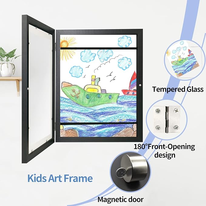 iRahmen Kids Art Frames 8.5x11 - Front Opening Childrens Picture Frame Changeable, Wood Artwork Display Storage for Wall Mount, Magnetic Door Holds 50 Art Pieces for Drawings, 3D Picture, Crafts, Portfolio, Black