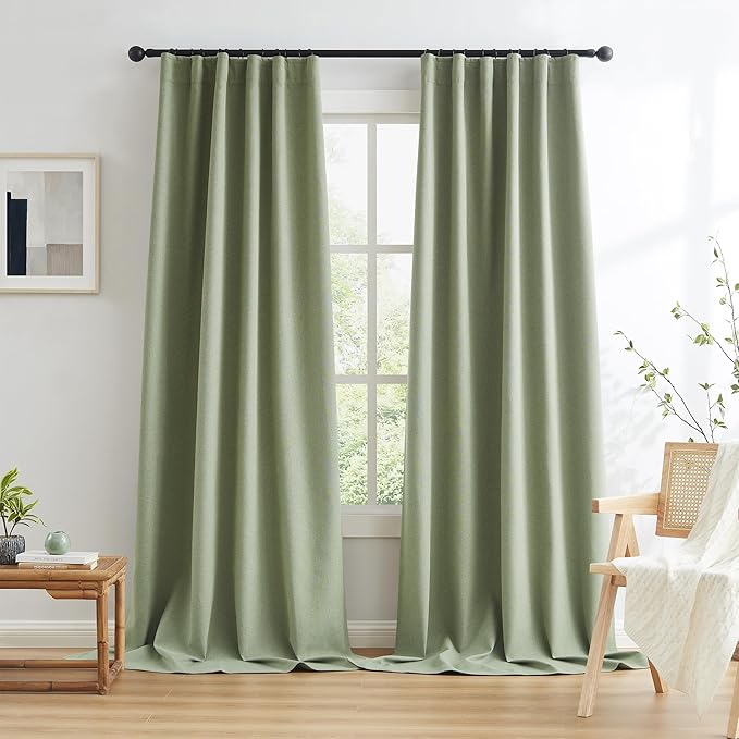 KEQIAOSUOCAI Sage Green Blackout Linen Curtains for Bedroom, Boho Natural Bedroom Home Decor, Long Drapes for Living Room Back Tab Pocket 50 x 96 Inch Length, 2 Panels Set