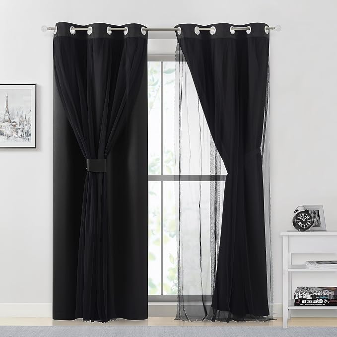 Bujasso Black Blackout Curtain Panels with Sheer Overlay Mix and Match Double Layer Thermal Insulated Window Treatment Set for Bedroom Living Room Black Drapes with Tiebacks Grommet Top 37" Wx63 Lx2