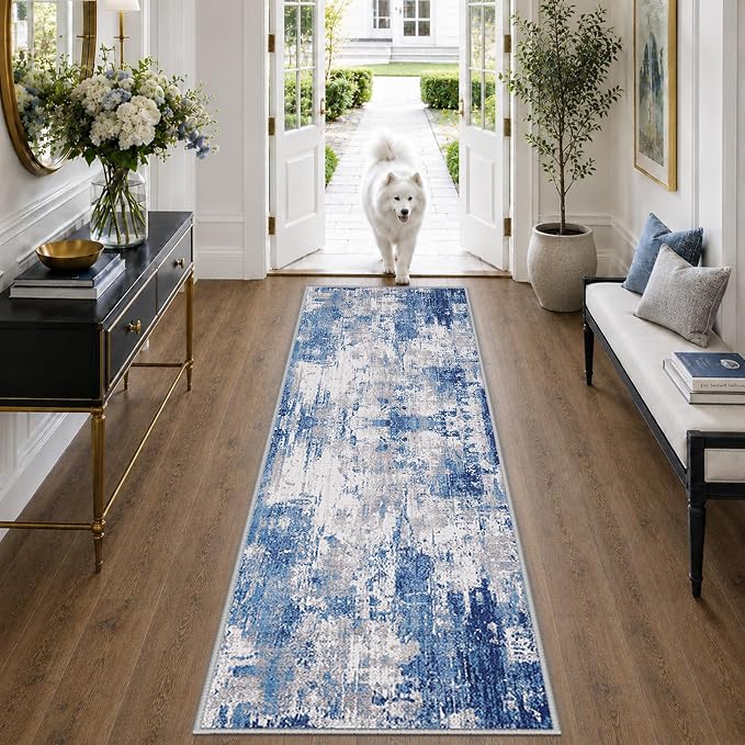 RELEANY Washable Area Rugs 2'x8' Non-Slip Modern Abstract Soft for Living Room Entryway Bedroom Kitchen, Print Pattern, Blue Grey Navy Gray