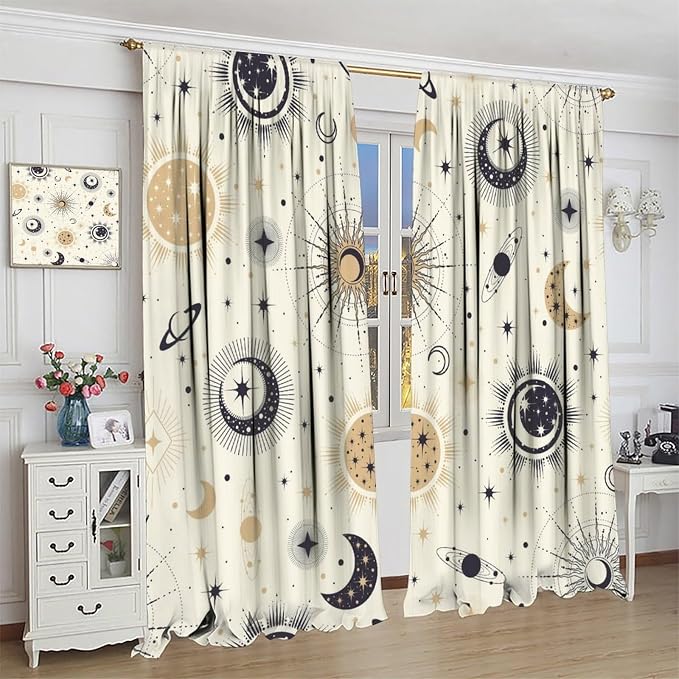Sun Moon Blackout Window Curtains, Mystical Abstract Modern Boho Sun Moon Star Window Drapes, for Bedroom Living Room 52" W X 84" L