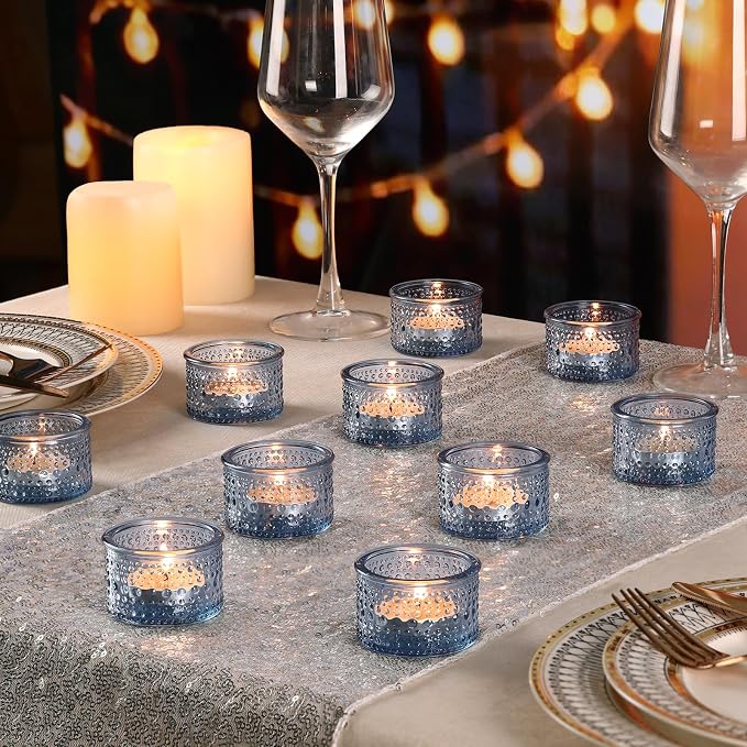 NITIME 4PCS Blue Votive Candle Holders for Wedding Decorations, Tea Lights Candle Holder for Table Centerpiece, Blue Polka Dot Glass Candle Holder for Home and Party Decoration