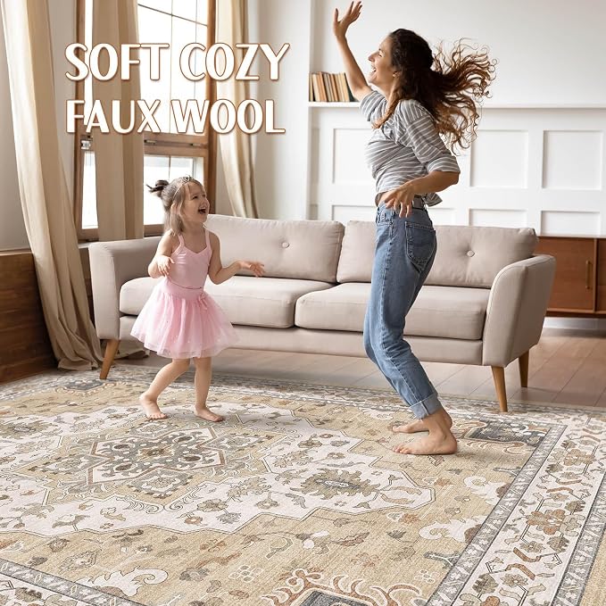 7x9 Area Rug Living Room: Washable Boho Large Neutral Vintage Soft Rug Stain Resistant Farmhouse Non-Slip Indoor Floor Retro Carpet for Bedroom Nursery Kids Office Dining Room- Sand Gray