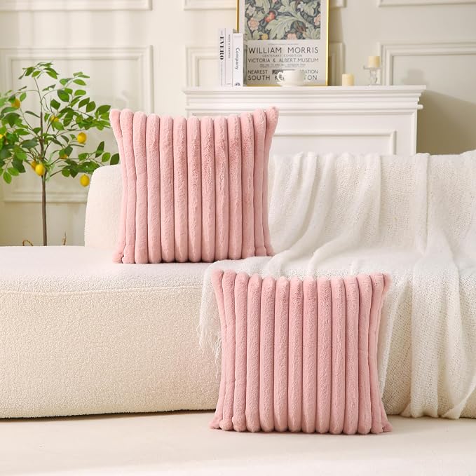 Decorative Throw Pillow with Inserts, Set of 2 Soft Faux Fur Throw Pillows, Square Boho Striped Pillow for Couch, Bed, Sofa Decor (Pink, 20" x 20"(Pack of 2))