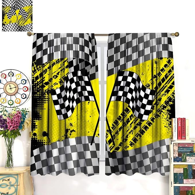 Race Car Window Curtains,Kids Teens Boys Checkered Flag Game Theme White Black Yellow Window for Dining Room Office Living Room Kitchen Bedroom Cafe Drapes, 63x63 in