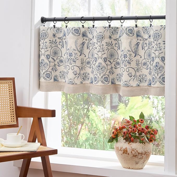 jinchan Linen Valance Kitchen Curtain for Windows Double Layer 16 Inch for Living Room Bedroom Window Treatment Light Filtering Vintage Rustic Farmhouse Cottagecore Rod Pocket 1 Panel Blue on Beige