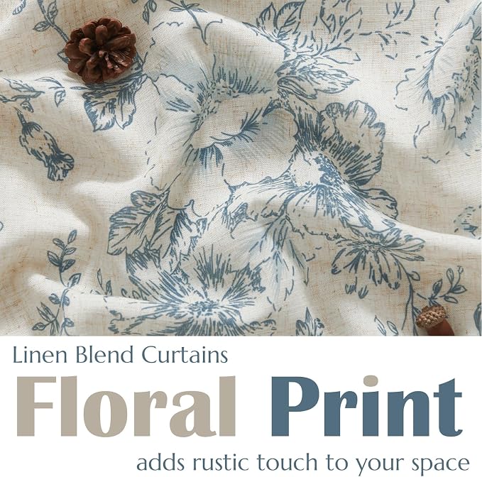 jinchan Linen Floral Tier Curtains 54 Inch Farmhouse Botanic Cafe Curtains Light Filtering Drapes for Small Windows Back Tab Half Window for Kitchen Living Room Bathroom 2 Panels Blue