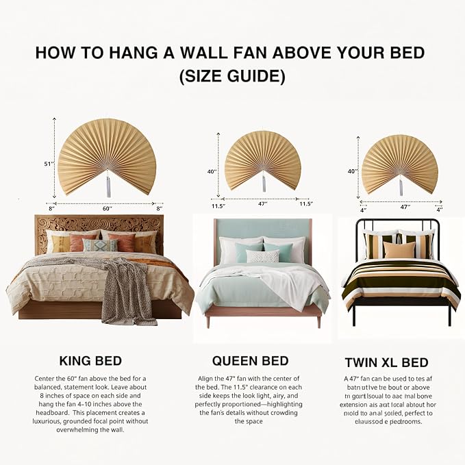 SUCHUBU Large Bamboo Wall Hanging, 47" Wall Hanging Fan For Decoration, Headboard Fan Decor, Woven Bamboo Art, Boho & Asian Inspired Home Decoration (Beige, Large)