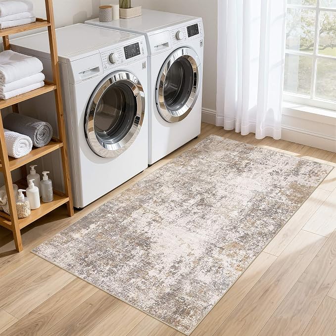 Area Rugs for Living Room: 3x5 Abstract Washable Rug Modern Neutral Large Soft Stain Resistant Non-Slip Backing Machine Table for Bedroom Dining Room Indoor Home Office Carpet - Brown Grey