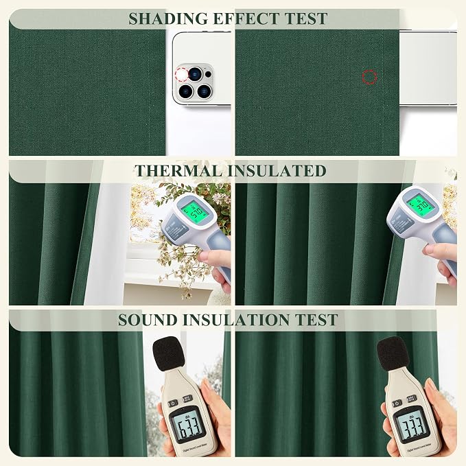 Jowels Green Linen Blackout Curtains 84 Length 2 Panels Set for Living Room Bedroom, 100% Black Out Thermal Insulated Linen Drapes, Room Darkening Grommet Curtains 84 Inches Long, Green