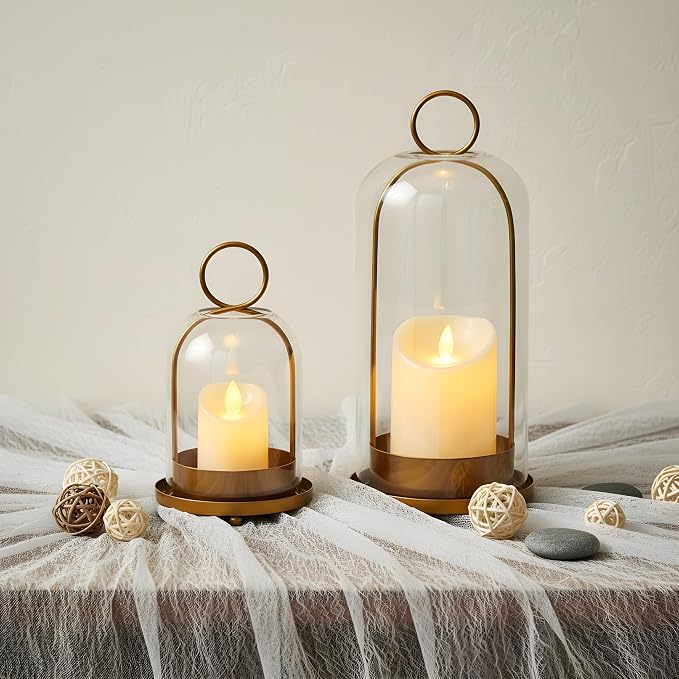 Hurricane Candle Holders Set of 2, 5" & 4" Metal and Glass Candle Lantern with Clear Dome for Pillar Candle, Wedding & Christmas Table Centerpiece, Farmhouse Home Decor (Brass, Large & Small)