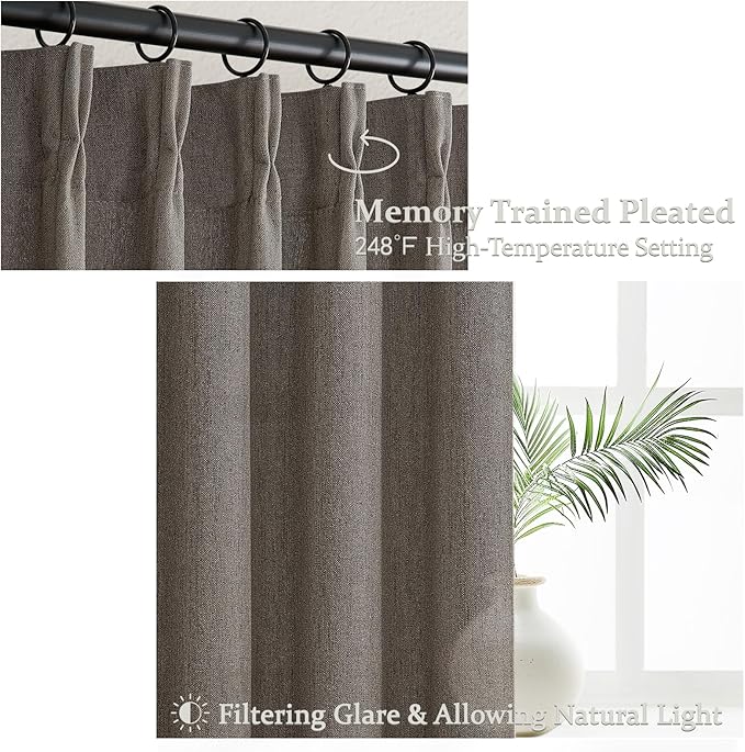 Pinch Pleated Chocolate Tart Semi Sheer Curtains 84 Inches Long for Living Room, Memory Trained Natural Linen Farmhouse Curtain Light Filtering Privacy Thick Drapes Bedroom Windows Burg 2 Panels Set