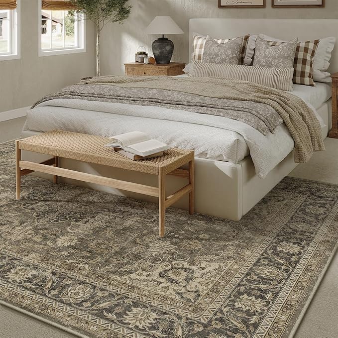 8x10 Washable Area Rug Brown Vintage Non Slip Soft Medium Pile Rug for Living Room Bedroom Dining Room Office Distressed Oriental Indoor Large Throw Carpet for Home Decor