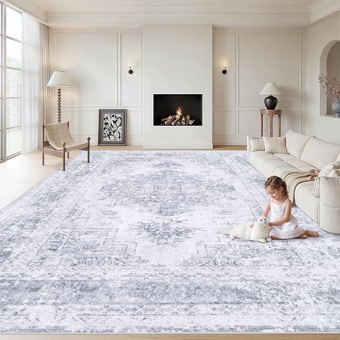 XLUEZ Area Rug 9x12 Living Room Rug, Machine Washable Vintage Distressed Medallion Rug Non-Slip Soft Low Pile Large Indoor Rugs for Bedroom Kitchen Dining Room Office(LightGrey,9'x12')