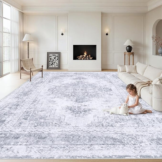 XLUEZ Area Rug 8x10 Living Room Rug, Machine Washable Vintage Distressed Medallion Rug Non-Slip Soft Low Pile Large Indoor Rugs for Bedroom Kitchen Dining Room Office(LightGrey,8'x10')