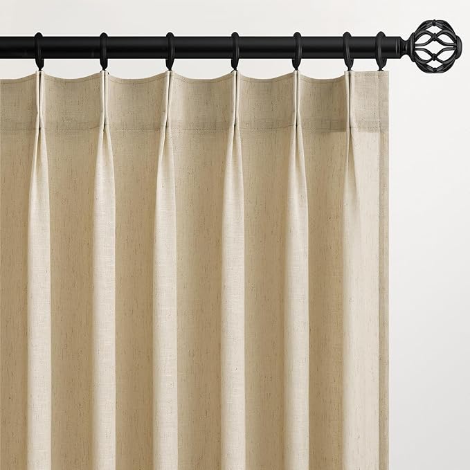 95 Inches Long Pinch Pleated Semi Sheer Curtains,Beige Light Linen Blended Light Filtering Window Curtains 95 Length 2 Panels for Living Room Bedroom Pinch Pleat Drapes with Hooks 2 Panels 40" Wx95 L