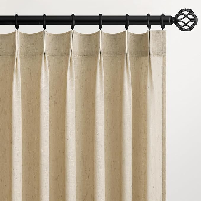 Topfinel Natural Beige Pinch Pleated Semi Sheer Curtains Textured Linen Blended Light Filtering Window Curtains 120 inch for Living Room Bedroom Pinch Pleat Drapes with Hooks 2 Panels 40" Wx120 L