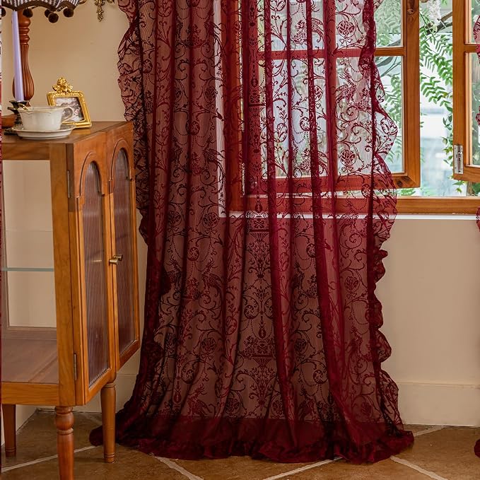 TUDECO Dark Red Curtains for Living Room 2 Panels - Rustic Country Sheer Floral Lace Red Curtains 108 Inches Long, Pretty Ruffle Edges Burgundy Decor Light Filtering Room Window Drapes, 59 x 108 Inch