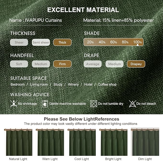 IVAPUPU Linen Pinch Pleated Blackout Curtains for Bedroom - Full Black Out Green Curtains 84 Inch Long 2 Panel for Living Room Darkening Thermal Window Curtain Drapes for Christmas Decor