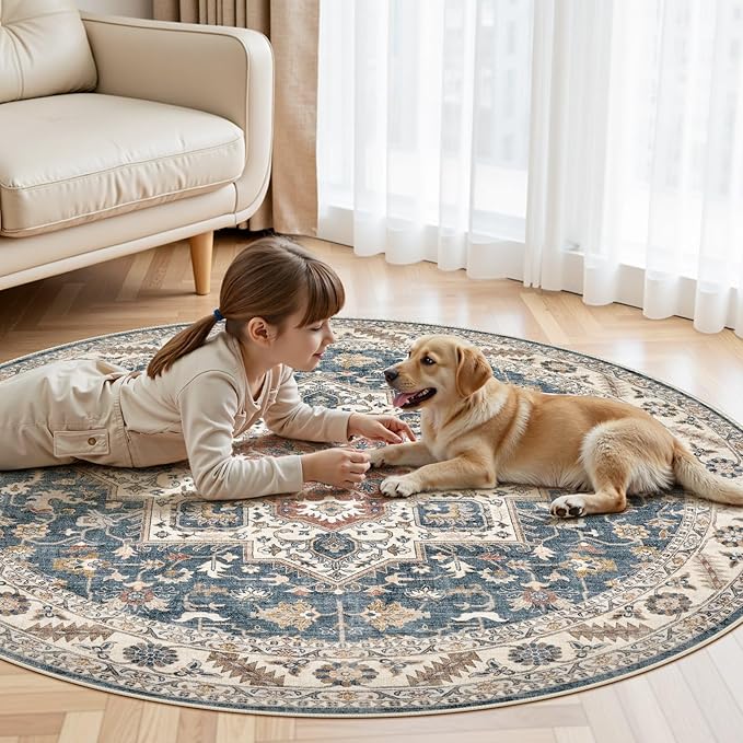 5ft Round Vintage Living Room Area Rug - 5x5 Large Soft Washable Oriental Traditional Distressed Farmhouse Rugs for Bedroom - Indoor Floor Accent Carpet for Home Office House Decor - Vintage Blue
