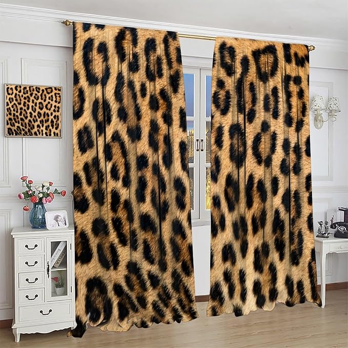 Leopard Print Blackout Curtain, Retro Wild Animal Skin Black Brown Fur Leopard Print Curtains Rod Pocket Window Treatments 2 Panels Drapes for Bedroom Nursery Office Living Room Decor 84"W X 84"L