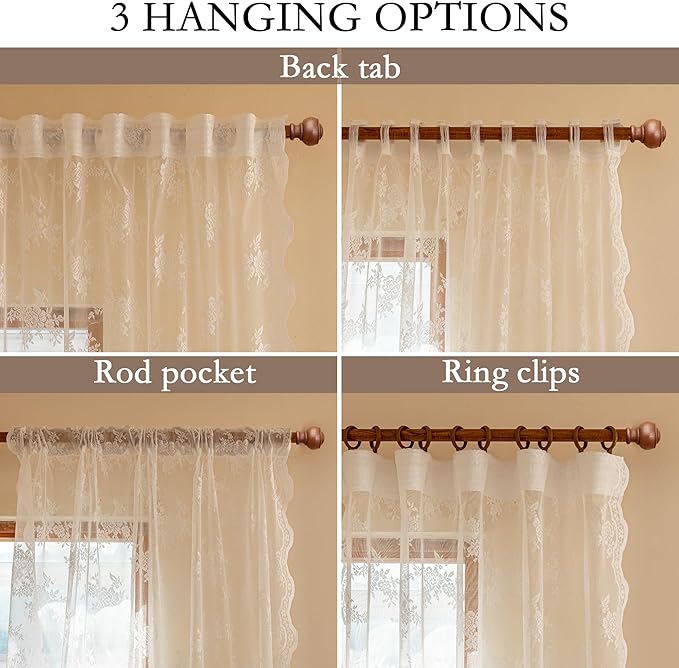 MEETSKY Sheer Lace Curtains 90 Inches Long for Living Room Dining Room Rod Pocket Vintage Victorian French Elegant Light Filtering Boho Style Home Decor, 50" Wide Each Panel, 2 Panels, White