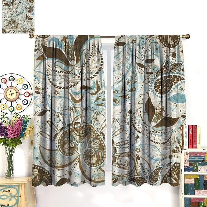 Boho Curtains, Peris Flower Print Pattern Home Window Treatments, Bedroom Living Room Kitchen Office Blackout Curtains63X72 Inch