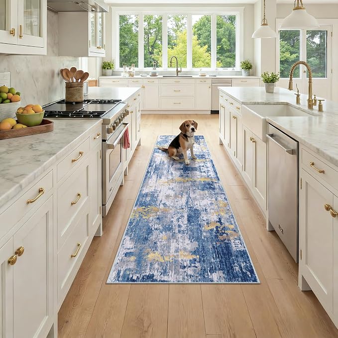 RELEANY Washable Area Rugs 2x7 Non-Slip Modern Abstract Soft for Living Room Entryway Bedroom Kitchen, Print Pattern, Grey Blue Gold/Golden
