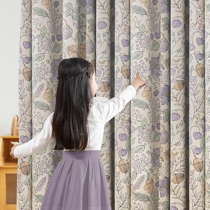 Vangao Purple Nursery Curtains for Girls Room Floral Blackout Curtains 63 Inch Length Farmhouse Drapes for Bedroom Room Darkening Flower Patterned Window Treatment for Kids Set of 2