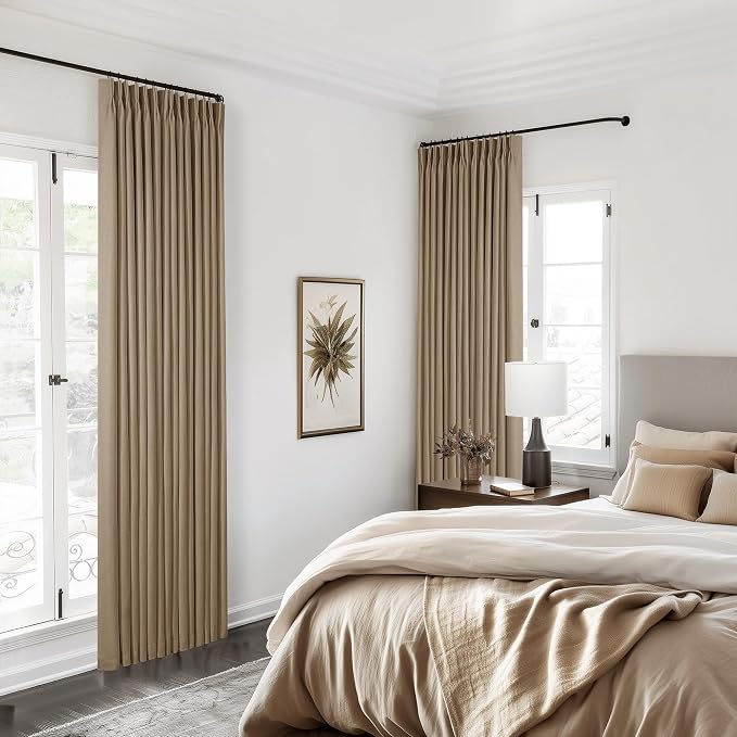 Light Brown Pinch Pleated Full Blackout Curtains Linen Blend Room Darkening Window Curtains 80 Inch for Living Room Bedroom Thermal Insulated Back Tab Pinch Pleat Drapes with Hooks Rings 2 Panels