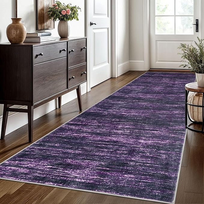 SIILOOM 3x10 Modern Abstract Runner Rug for Hallways, Purple White Super Soft Hallway Decor Kitchen Rugs with Non-Slip, Non-Shedding Washable Rug for Entryway Bedroom Indoor