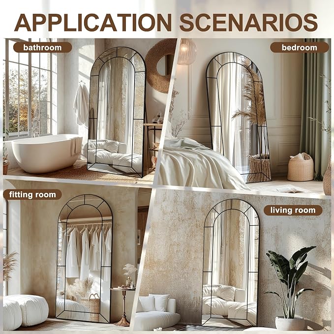 Wall Mirror,Full Length Floor, Window Pane Mirror for Living Room Decor, Decorative Wall Art, Large Wall for Bedroom, Hallway, Living Room Arch-65"X28"