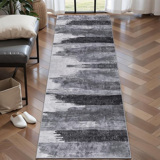 Ciicool 2x6 Washable Runner Rug, Modern Abstract Hallway Rugs Runner, Non-Slip Thin Accent Rug Lightweight Grey Black Print Distressed Carpet for Laundry Entryway Bedroom Kitchen Indoor