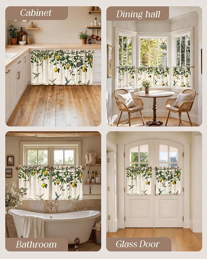 Miss Adola Farmhouse Kitchen Tier Curtains - 24 Inch Length Linen Blend Vintage Cafe Curtains Lemon Bird Small Window Treatments Over Sink Rod Pocket for Bathroom Living Room Light Filtering, 2 Panels