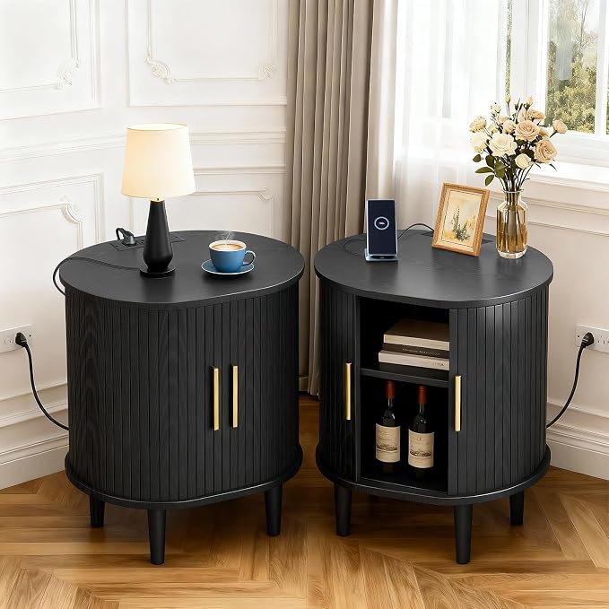 DHH Mid Century Modern Nightstand Set of 2 with Charging Station, Fluted Accent Side Table with Sliding Door & Adjustable Shelf, End Table for Small Space, Living Room, Bedroom,Sofa Couch, Black