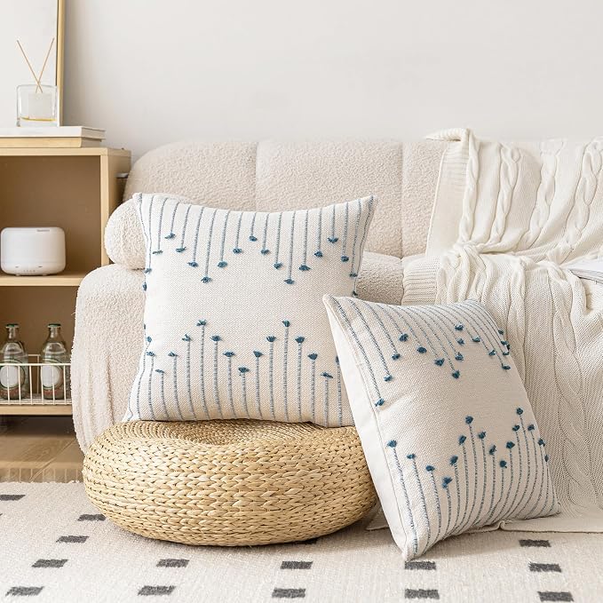LILEPOY Boho Throw Pillow Covers 18x18 Set of 2 Neutral Decorative Textured Cushion Case Farmhouse Pillowcase Modern Square Pillow Covers for Sofa,Couch, Living Room,Beige and Blue
