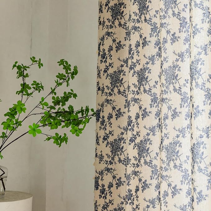OYX Boho Blue Floral Curtains 96 Inch, Linen Farmhouse Toile Rose Drapes with Tassels, Light Filtering Semi Sheer Curtains for Living Room Bedroom, 2 Panels, Rod Pocket, 52Wx96L