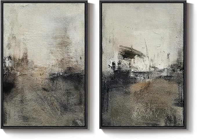 Large Framed Neutral Abstract Wall Art Set of 2 for Living Room, Wabi Sabi Modern Minimalist Black Grey Canvas Artwork for Walls, Rustic Abstract Painting Print Wall Decor for Bedroom Office, 24x36 In