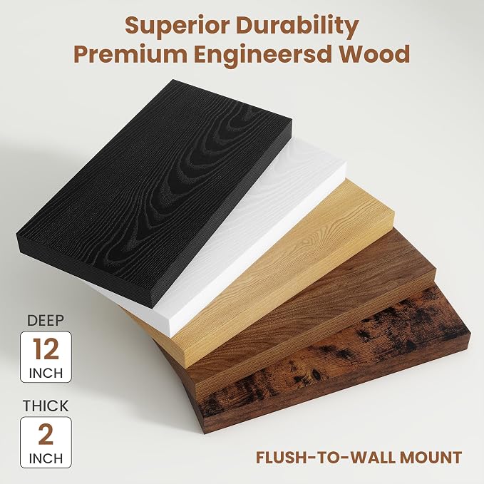Vivelove 12 Inch Deep Floating Shelves 36 inch Long, 2 Inch Thick Wall Shelves with Invisible Brackets, Shelf for Bedroom Bathroom Living Room Kitchen Office Home Decor, Modern Shelf Set of 2, Oak