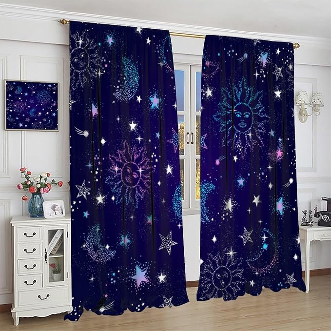 Sun Moon Stars Blackout Window Curtains, Space Galaxy Pattern Print Window Treatment Drapes for Bedroom Living Room 52" W X 84" L