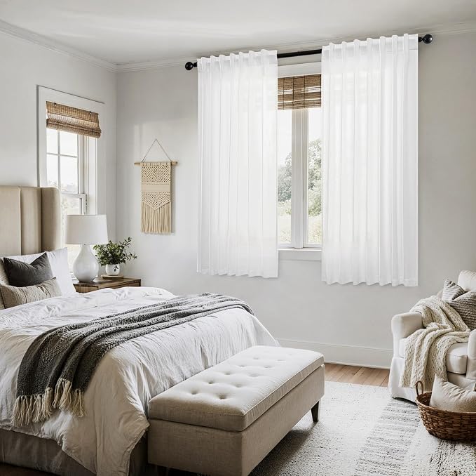 MIULEE White Linen Curtains Short 48 Inch Long 2 Panels for Kitchen Bedroom, Soft Thick Linen Textured Window Drapes Semi Sheer Light Filtering Back Tab Rod Pocket Burlap Look Decor