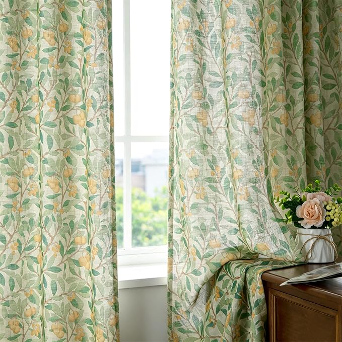 RoomTalks Green Yellow Floral Window Curtains 84 Inches Length 2 Panels, Boho Country Vintage Cute Botanical Fruit Faux Linen Curtain Panels for Bedroom Dining Living Room Dorm Summer Aesthetic Decor